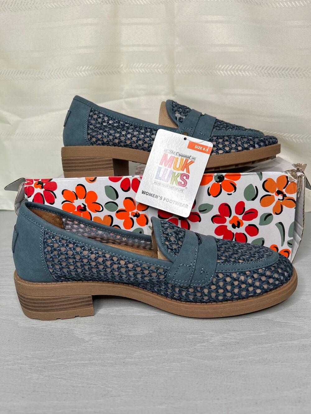 Muk Luks Vania Round Toe Stacked Heel Loafers Dusty Blue Size 8.5